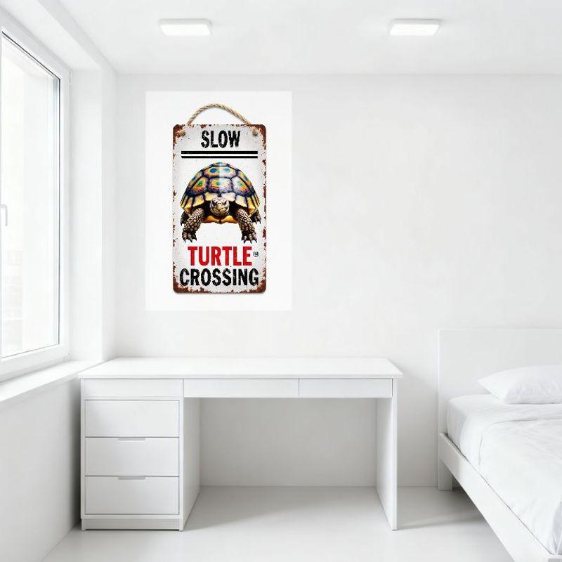 Vintage Rustic 'SLOW TURTLE CROSSING' Metal Tin Sign with Turtle Illustration - Warning Sign for Home Garden Outdoor Decor, Retr