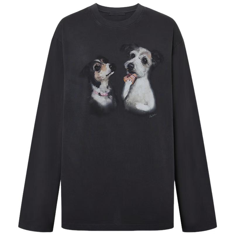 MO&Co. Vintage Puppy Print Loose Long Sleeve Cotton T-shirt S
