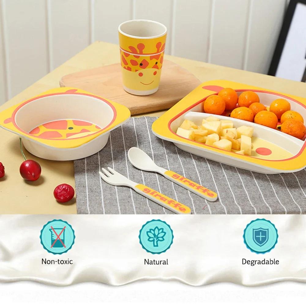 5pcs/sets Dish Tableware Set Natural Bamboo Fiber Bowl With Cup Spoon Plate Fork Feeding Dishes for Kids Utensils Wholesale