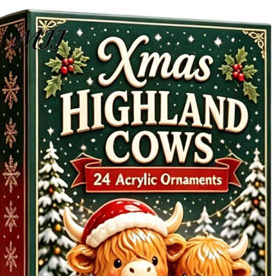 Dekorative hängende Baumdekorationen Weihnachten Hochlandkuh Adventskalender, 24 süße 3D-Mini-Figuren, Tag-Countdown-Box Bauernhaus-Feiertagsdekoration,