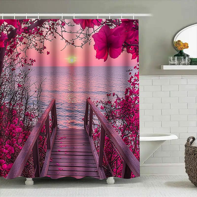 Stylish Shower Curtain With Scenic Sunset And Blossoming Flowers - Perfect For Home Decor Waterproof Durable Elevate Space