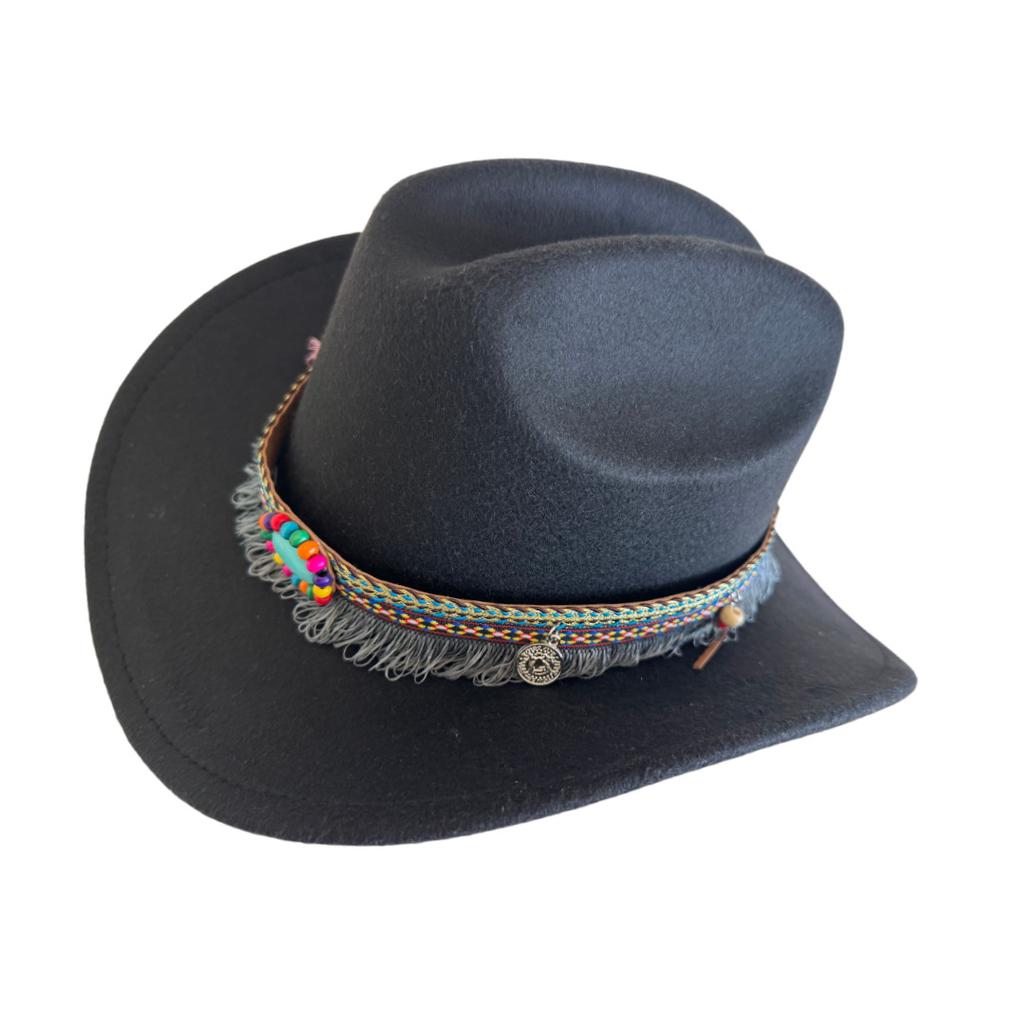 Ethnic style tassel one-word top western cowboy hat men's and women's woolen big-brimmed top hat travel big sun hat