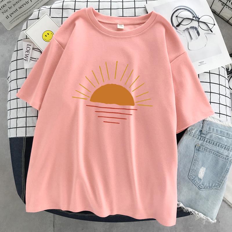 Sunset On The Coastline Printed Women T-Shirts Street Cotton Kawaii Short Sleeve Fashion Oversized Tops Loose Sports T Shirt