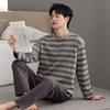Pyjama Herren Frühling und Herbst Baumwolle Langarm Gestreift Hausanzug Herbst Herren Rundhals Große Größe Zweiteiliges Set