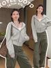 Gray Slim Fit Petite Korean Style Zip-Up Hooded Cardigan for Women, Ideal for Early Autumn/Spring Upper Outerwear
