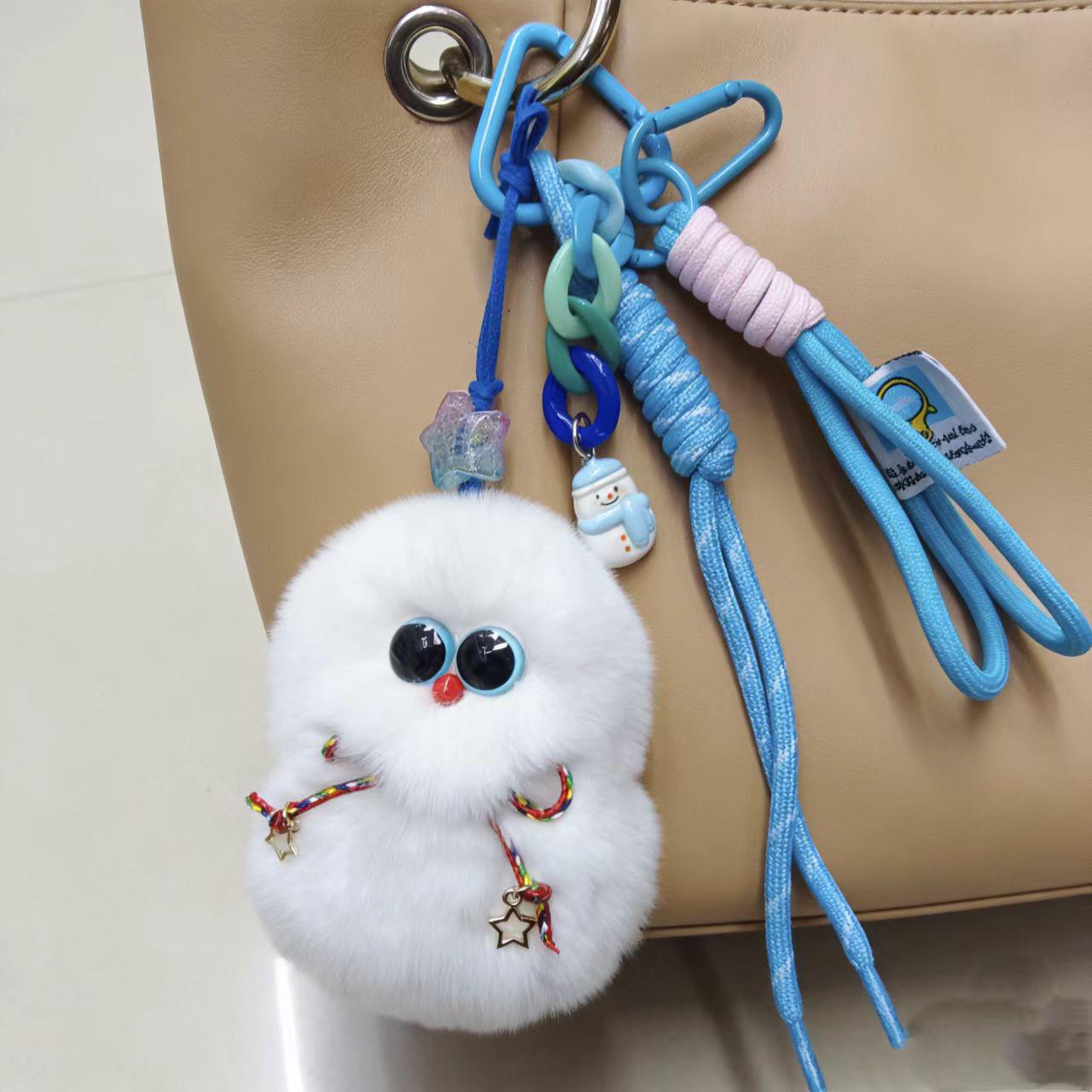 Adorable Otter Rabbit Fur Plush Snowman Keyring and Backpack Pendant