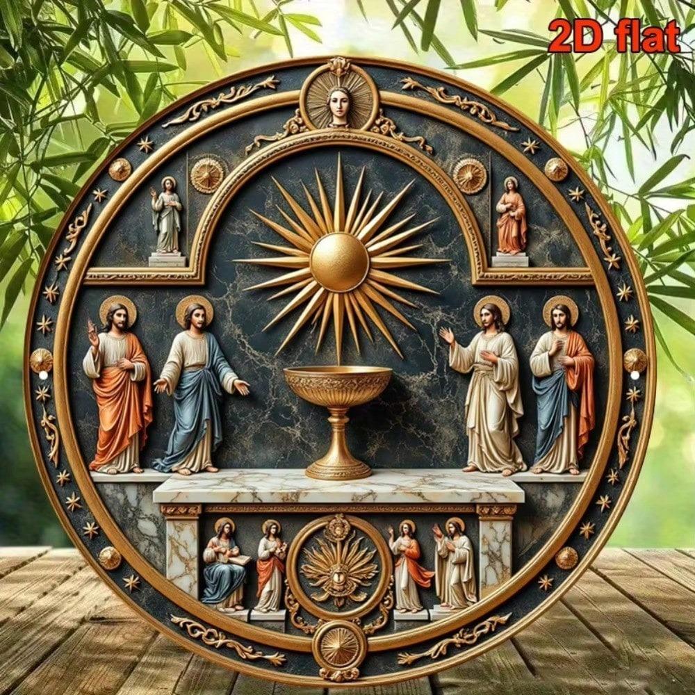 Vintage Sint Jozef Engel Rond Metalen Bord 20x20 cm Katholieke Muurkunst Altaar Decoratie
