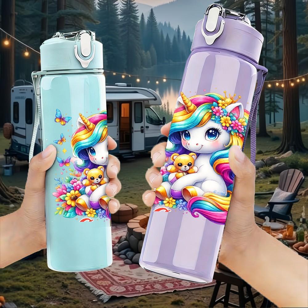 1PC Rainbow Mane Unicorn Cartoon Print 750ml Color Plastic Sports Water Bottle Leakproof Flip Straw Lid Suitable for Sports Office Home Use