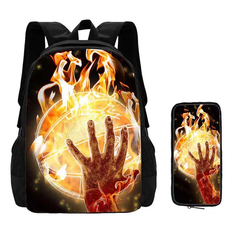 2Pcs Set Basketball Prints School Backpack with Pencil Bags for Kindergarten Cartoon Sports School Bags for BoysKids Backpack
