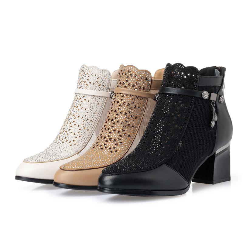 Fashion FHC New Cowhide Genuine Leather Sandals Boots,Women Mesh Shoes,Summer Heels,Pointed toe,Back Zip,Hollow Out,Dropship,Black,Beige