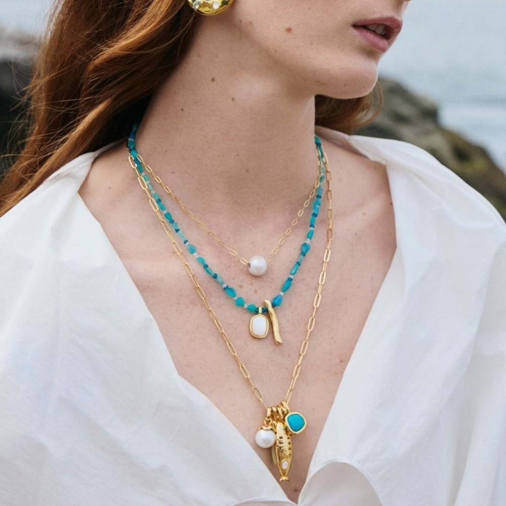 18K Gold Plated Beaded Necklace Stainless Steel Geometric Layered Pendant Necklace Boho Style Pearl Crystal Clavicle Chain