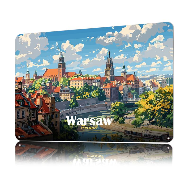 Warsaw Cityscape Metal Poster Customized Wall Art Retro Vintage Metal Signs for Man Cave Room Accessories Decoration Gaming Home 20x30cm(7.8x11.8inch)