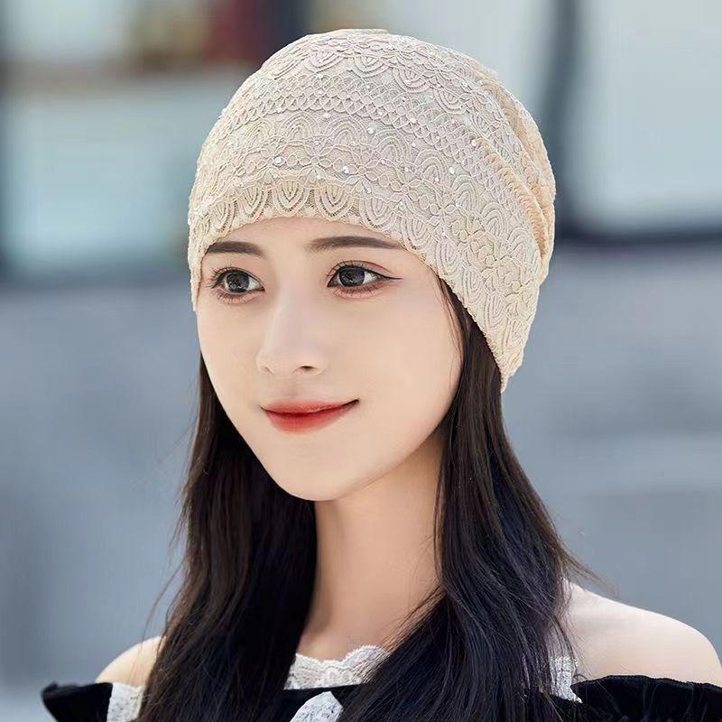 Women's Lace Rhinestone Headscarf: Breathable, Lightweight Spring/Summer Beanie for Hair Coverage