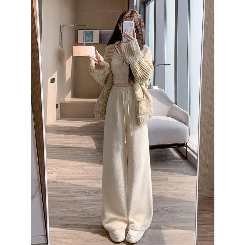 Ferret velvet wide-leg pants women's spring new high-waisted loose lazy velvet thickened small white pants