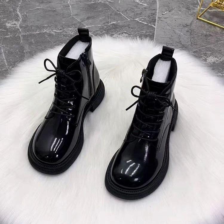 Women's 2025 Autumn/Winter British Style Fleece-lined Patent Leather Ankle Boots with Mango Toe
