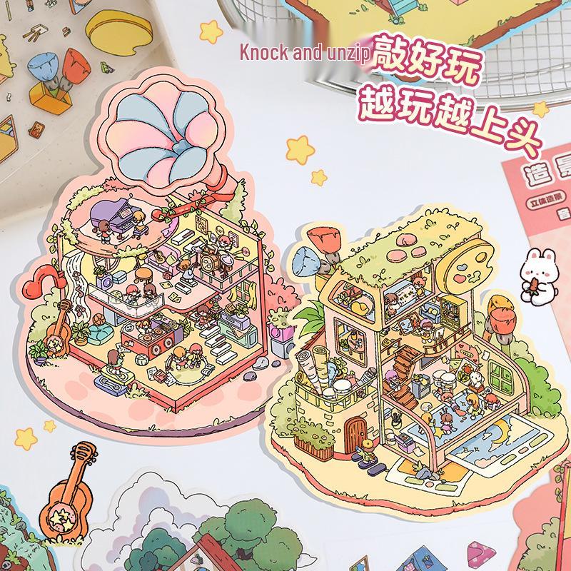 Cute 3D Cartoon Cottage Landscaping Stickers for Collage Journals