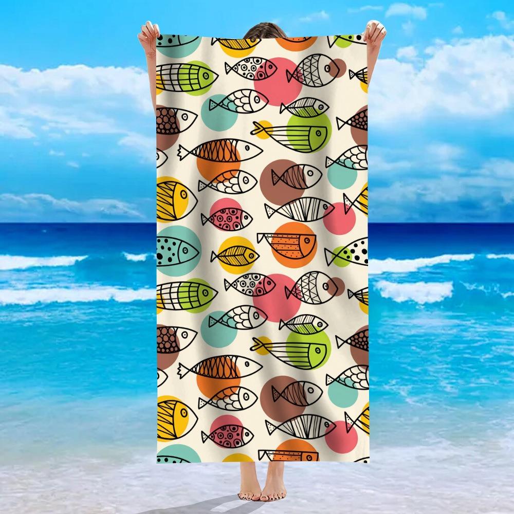 

Illustration Fish Pattern Beach Towel Soft Sand Free Swim Towel Minimal Nautical Ocean Style Beach Blanket for Summer Vacation W40*H60(CM)