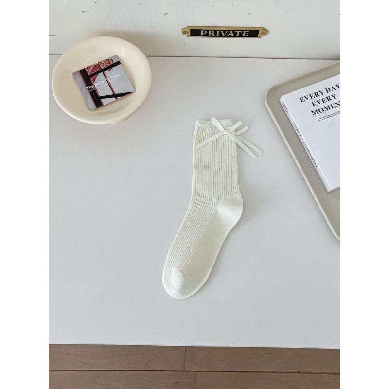 Ballet-style Spring and Summer Thin Cream White Socks for Women, Mid-calf Socks, Bow, Versatile, Black Pile Socks