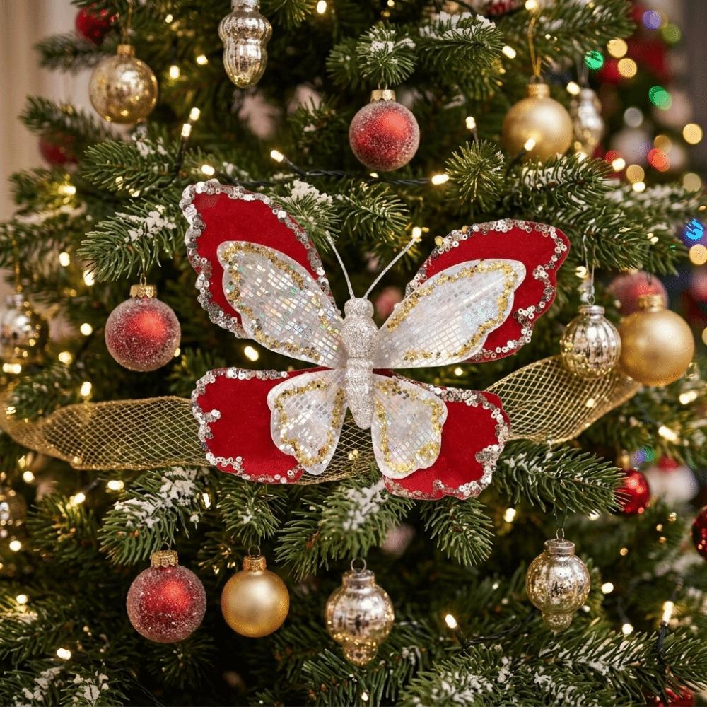 Double-Layered Christmas Butterflies Ornaments 3D Glitter Hand-Painted DIY Butterfly Hanging Decor Flocking Finish Multicolor