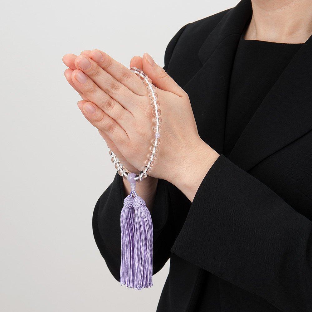Takita Shoten Buddhist Altar Shop: Kyoto-style prayer beads for women, made with genuine crystal and purple cloud stone, 8mm beads, silk tassel, and a