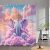 1pc Crowned Blue Elephant Shower Curtain - Whimsical Animal Decor with Golden Crown & Pink Clouds Gradient Sunset Sky Design