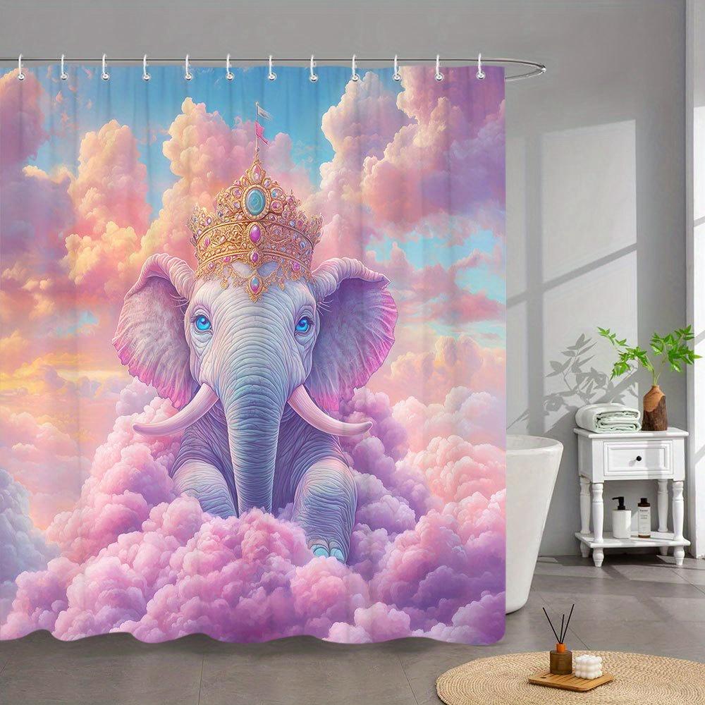 1pc Crowned Blue Elephant Shower Curtain - Whimsical Animal Decor with Golden Crown & Pink Clouds Gradient Sunset Sky Design