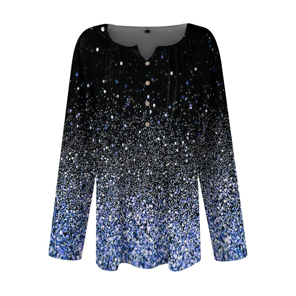 Top tricou cu mânecă lungă, cu mânecă lungă, cu nasturi decorative, cu gât rotund, pliat