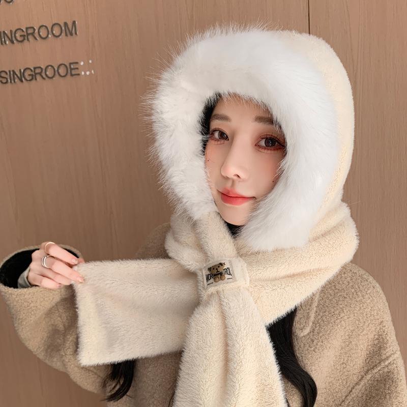 Cute Plush Hat Scarf Integrated Hat for Women In Winter Thick Windproof One Piece Hat Cold Warm Scarf Ear Protection Hat Trendy