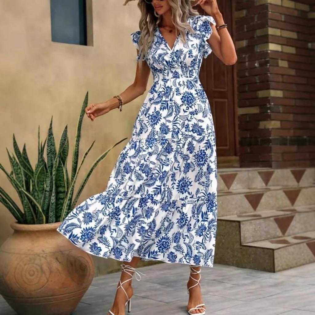 New Summer V Neck Printed Midi Dress Women's Casual Fashion Dress for Outdoor Daily Wear