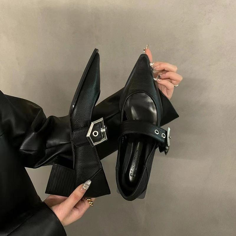 

Одинарная обувь на высоком каблуке, толстый каблук, Мэри, женская обувь Zizhen, французские ретро маленькие кожаные туфли с острым носком, новинка 2025 года, весенне-осенняя одинарная обувь 40 чёрный