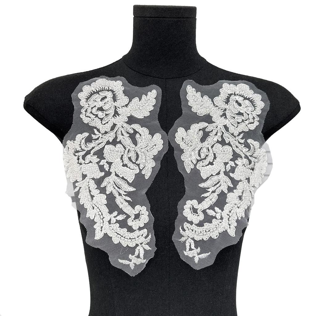 White Handmade Beads Car Bone Flower Exquisite Embroidery Applique Cheongsam Wedding Dress Pair Flower Decoration Accessories Cloth Sticker