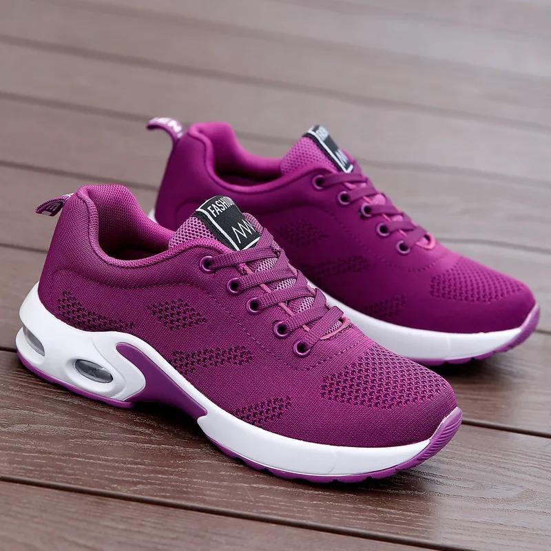 Women's Shoes Trendy Air Cushion Cushioning Running Shoes Fly Woven Mesh Breathable Design Track Field Jogging Lace Up Shoes