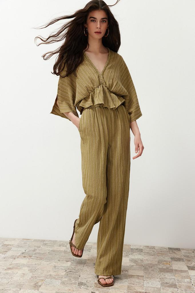 Women's Style Trousers Khaki Elastic Waist Textured Fabric Woven Trousers