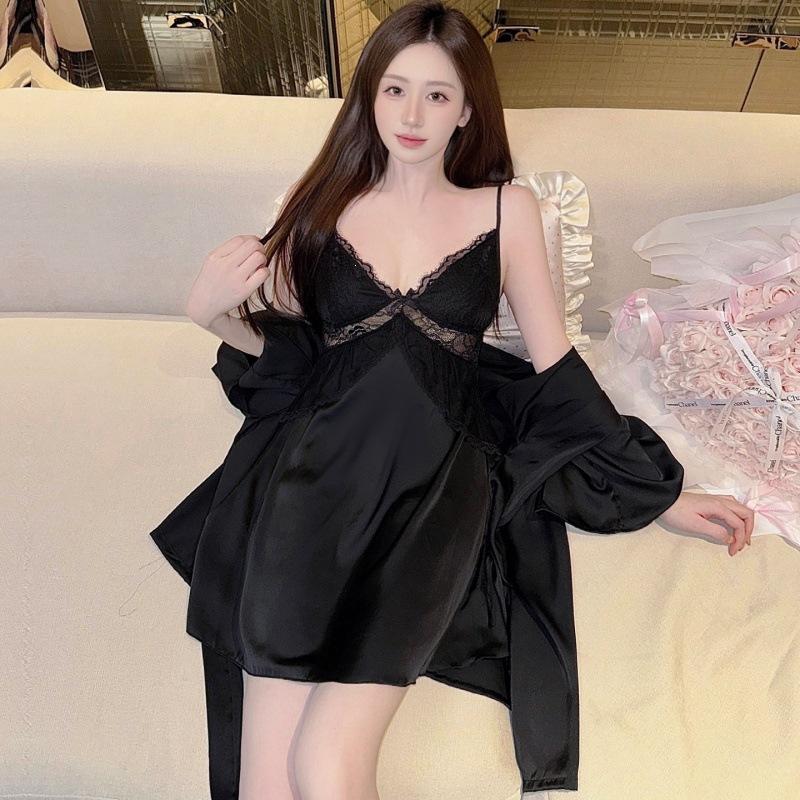 Pajamas women's ice silk thin with chest pad suspender nightdress thin pure lace