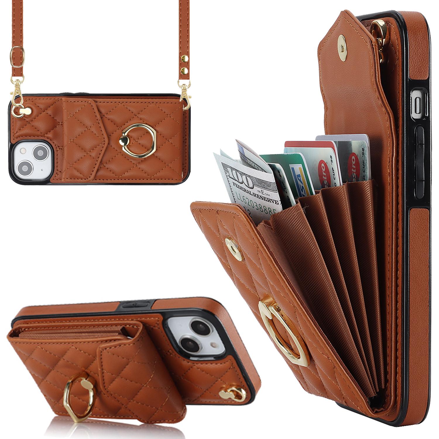 

For iPhone 15 RFID Blocking Phone Case Multiple Card Slots Ring Kickstand PU Leather+TPU Fall-proof Cover Brown