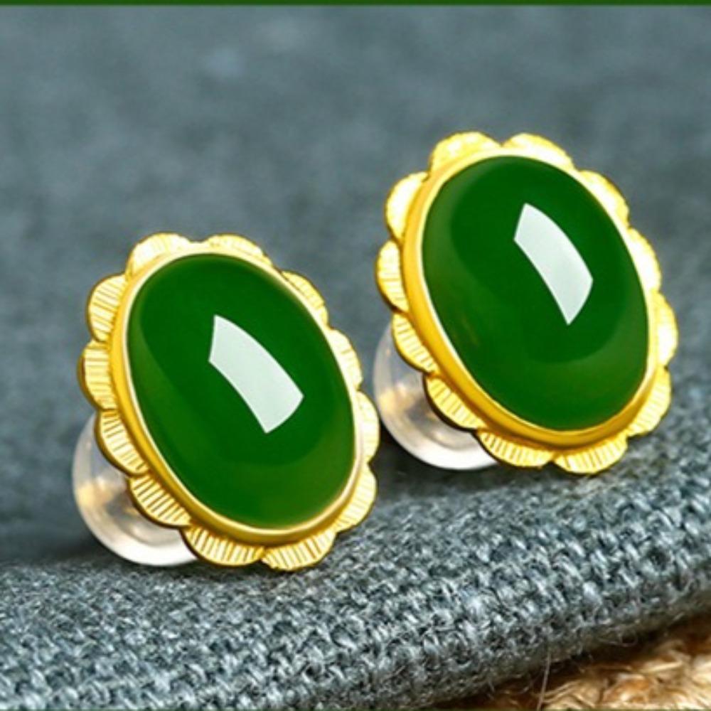 Vintage Gold Plated Jasper Stud Earrings Women White Jade Gold Agate Inlaid Elegant Dainty Jewelry Gift
