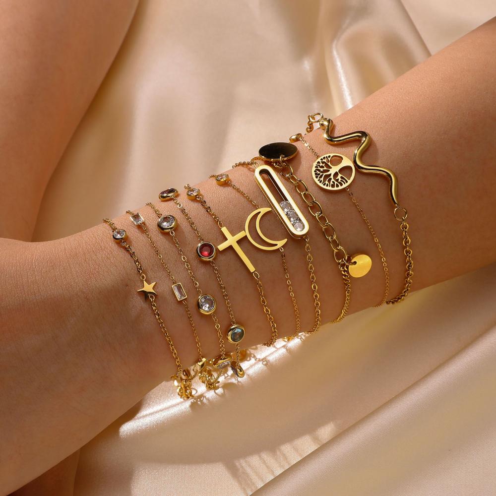 Women Jewelry 18K Gold Travel Bracelet Curb Link Chain Cross Moon Zircon Charm Bracelet