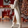 Elegant V-neck Long Sleeve Plush Long Dress Fashion Button Decorated Loose White Dress Autumn Winter Lady Sexy Split Party