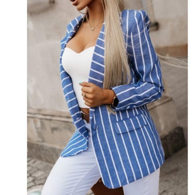 Cross-Border Fashion Fall and Winter New Stripes Print Suit Collar Work Clothing Ol One Button Long Sleeve Suit Outwear Easiest for Match Female