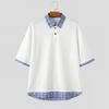 INCERUN Oversized Men Stitching Lapel Neck Short Sleeve Plaid Print Casual Texture T-shirts Tops