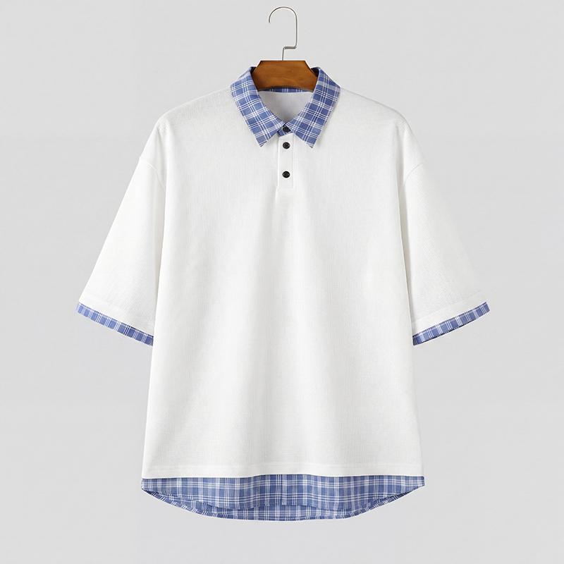 INCERUN Oversized Men Stitching Lapel Neck Short Sleeve Plaid Print Casual Texture T-shirts Tops