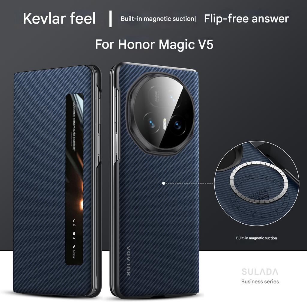 Wysokiej klasy etui na telefon z włókna węglowego Kevlar o fakturze skóry Magsafe dla Honor Magic V5 V3 Inteligentny sen Bezprzewodowe ładowanie Odporny na wstrząsy pokrowiec