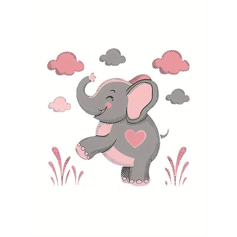 European Size Women'S Casual Elephant Heart Print T-Shirt, Polyester Crew Neck Tee, Short Sleeve Knit Fabric Top with Medium Stretch, Animal Pattern