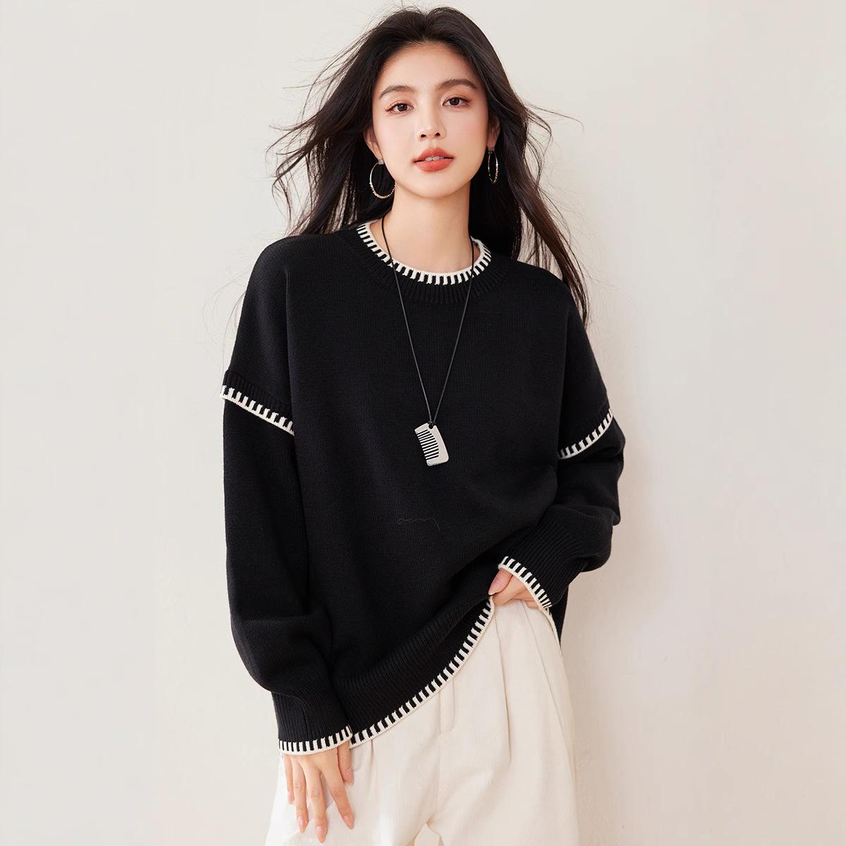 

The New Autumn and Winter Color-blocking Round-neck Sweater Is A Simple and Versatile Korean-style, Loose and Laid-back Knitted Sweater S чорний