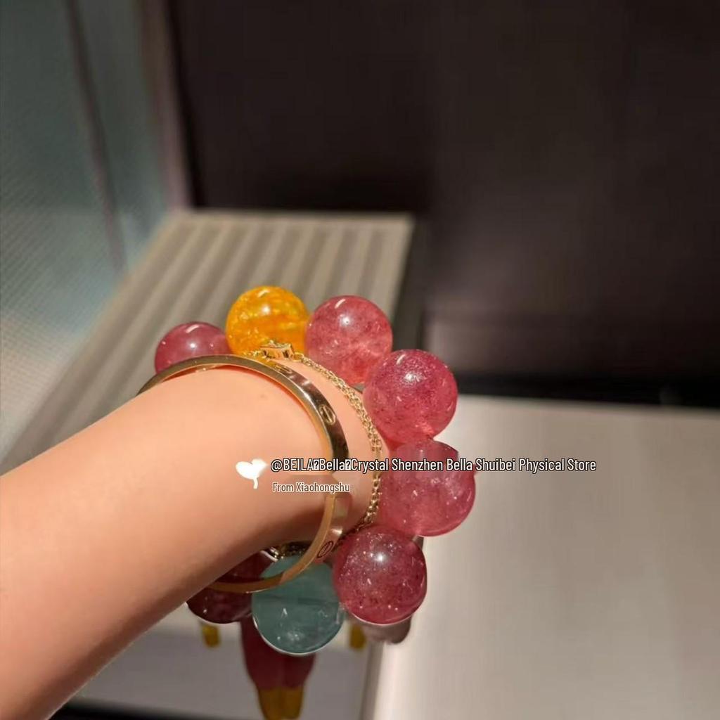 Women's Large Strawberry Quartz Multi-Gem Five Elements Crystal Bracelet - Light Luxury, Unique Beaded Design