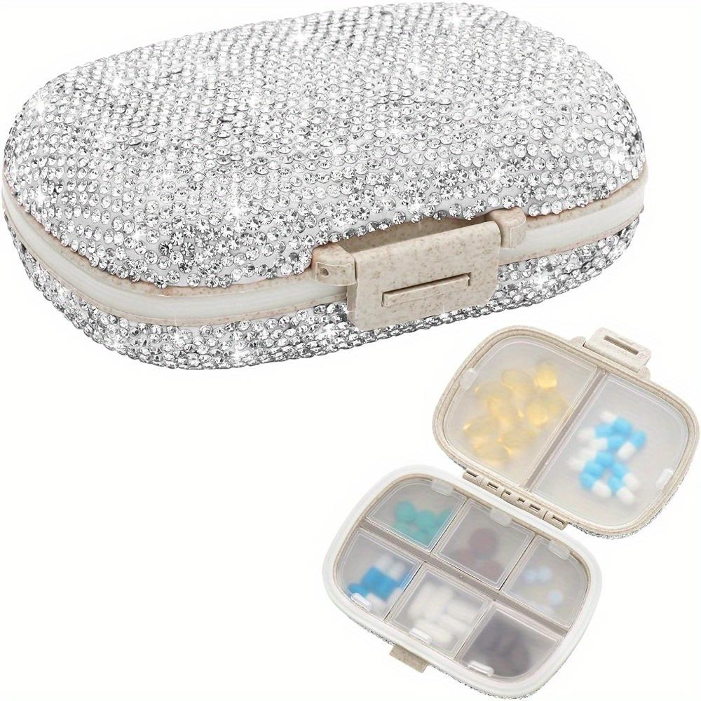 Bling Pill Organizer With 8 Compartments Travel Portable Pill Case Double Sided Rhinestone Pill Box For Vitamin Fashion Gifts