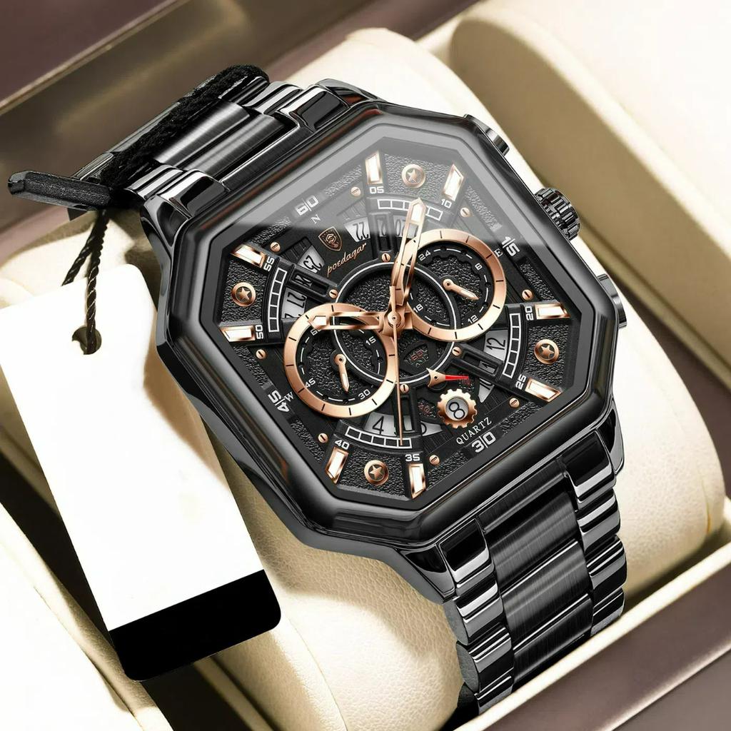 POEDAGAR Luxury Original Men Clock Waterproof Luminous Chronograph Date Man Watch Stainless Steel Quartz Men's Watches