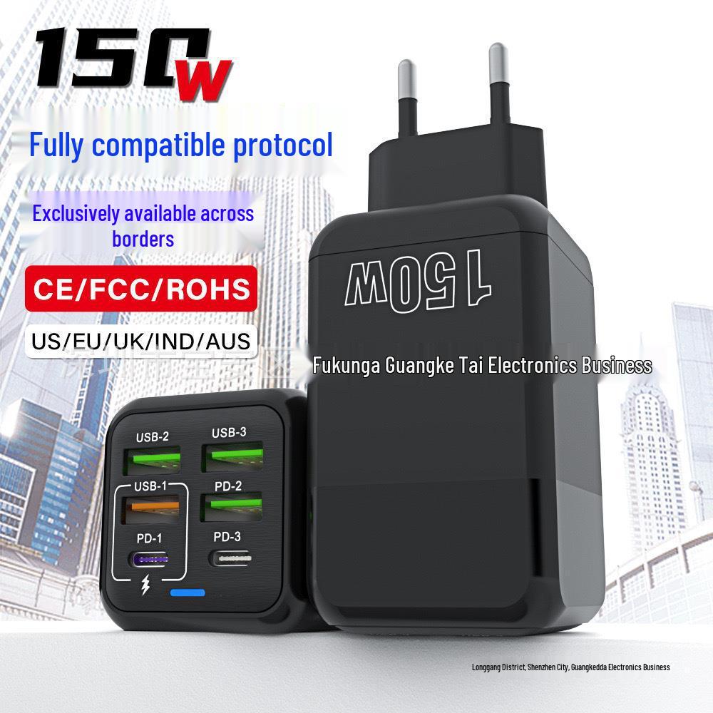 

150W Multi-port Fast Charger: 4 USB + 2 PD Ports for EU, US, UK - 5V/2.4A 150W (4U+2C) US Black