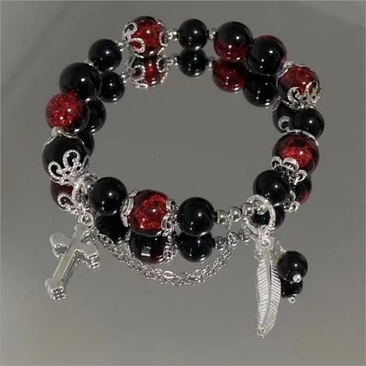 Chinese stijl rode kristal veer kruis hanger armband voor meisjes vrouwen vintage elastische kralen ketting armband sieraden geschenken