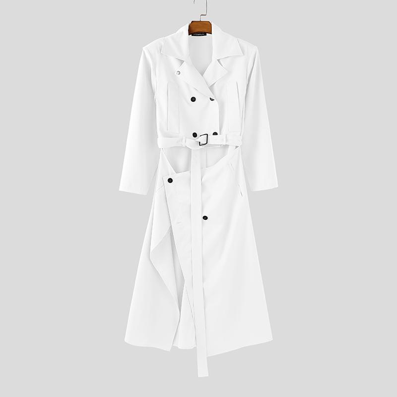 

INCERUN Осенние мужские тонкие длинные плащи с высоким воротом, длинными рукавами, пуговицами, поясом и вырезами белый